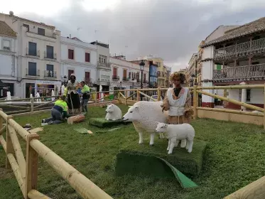 Dos personas colocando las figuras de pastorcillos y rebaño dentro de un parterre de la Plaza de España de Tomelloso.