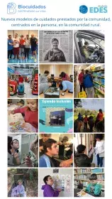 Cartel de Biocuidados de Fundación Edes. Se ven 15 fotos de personas con discapacidad realizando actividades como trabajar, estudiar, hacer deporte, aprender a conducir, comprar, participar en talleres y disfrutar de la naturaleza. Muestran autonomía, inclusión y apoyo en su comunidad rural.